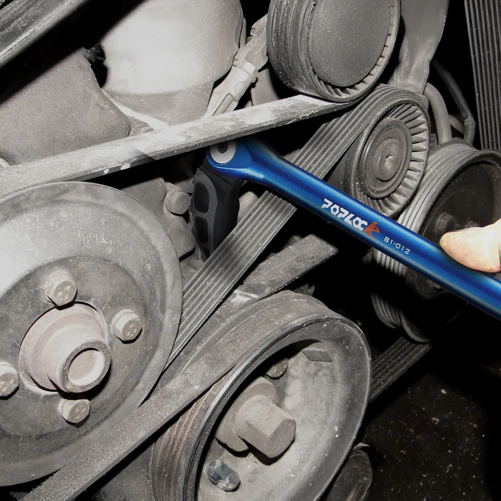 Poplock Double Gear Indexing Pry Bar used on an engine in automotive repair shop