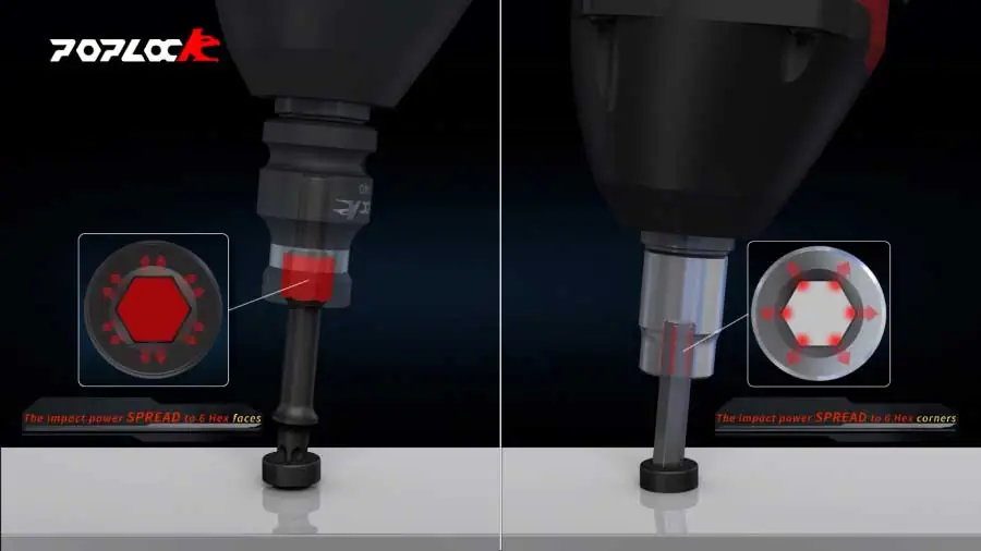 Poplock Impact Socket Set Patented Design- impact power spreads to 6 hex corners