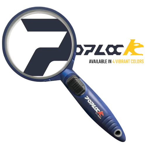 Blue heavy duty magnifiying glass with LED light zoom in on Poplock Tools logo