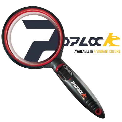 heavy duty magnifiying glass with LED light zoom in on Poplock Tools logo